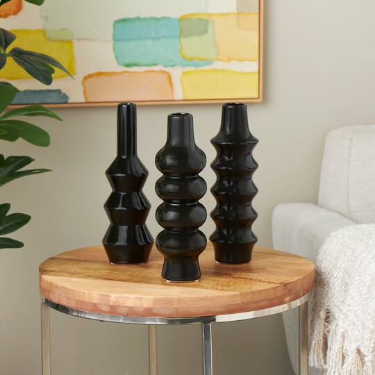 Black Ceramic Abstract Bubble Ribbed Vase Set